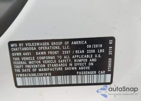 2020 Volkswagen Passat 2.0T Se z USA, uszkodzony, nr VIN 1VWSA7A39LC001915